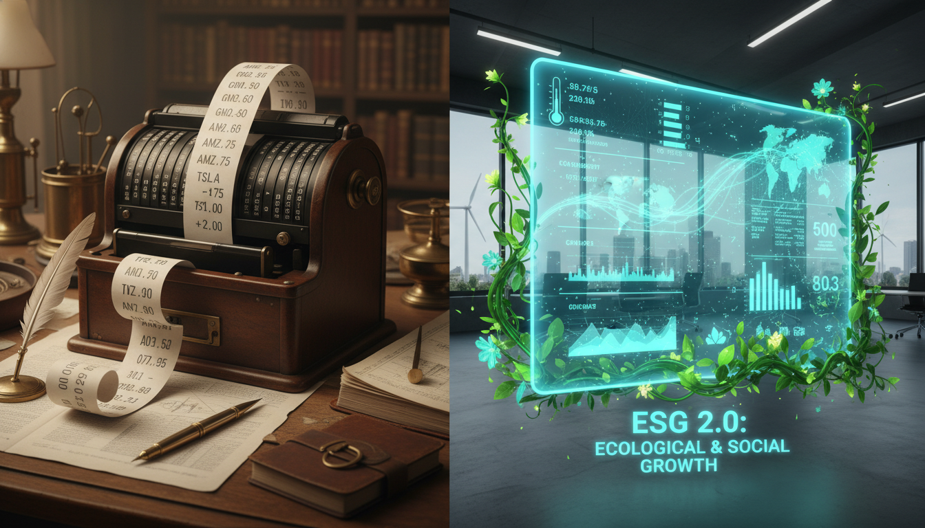 A split-screen composition showing the evolution of finance: on the left, a traditional paper stock ticker, and on the right, a futuristic, holographic interface displaying complex environmental data and growing green vines, symbolizing the transition to ESG 2.0, photorealistic, 8k resolution.
