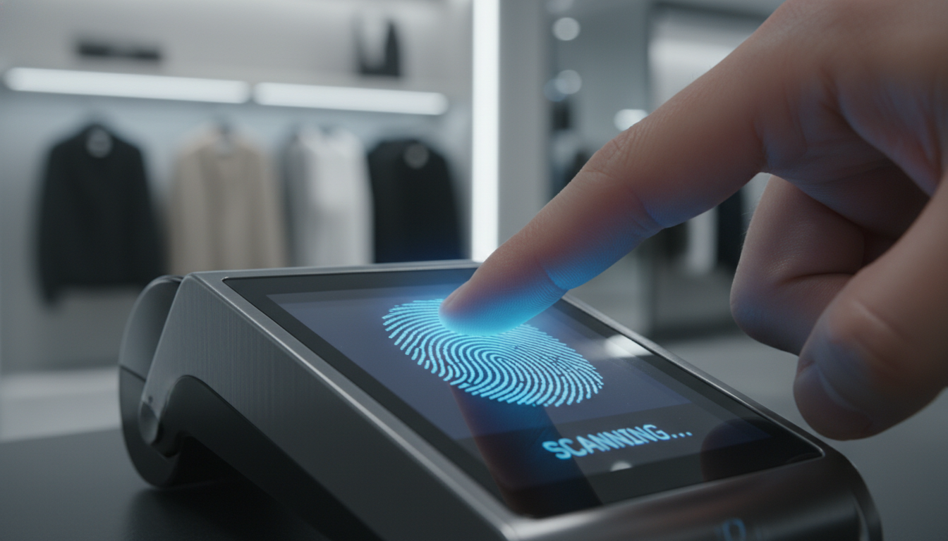 A highly detailed, photorealistic close-up of a human finger pressing against a glowing, high-tech glass fingerprint scanner on a sleek payment terminal. The ridges of the fingerprint are illuminated by a soft blue digital light, contrasting with a dark, blurred background of a modern retail environment.