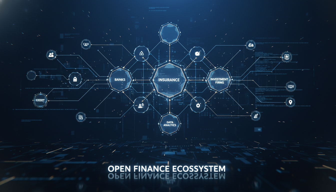 A futuristic and high-tech digital illustration visualizing a network of glowing nodes connecting various financial sectors such as banks, insurance companies, and investment firms on a dark blue background, representing the interconnectedness of the Open Finance ecosystem, photorealistic style.