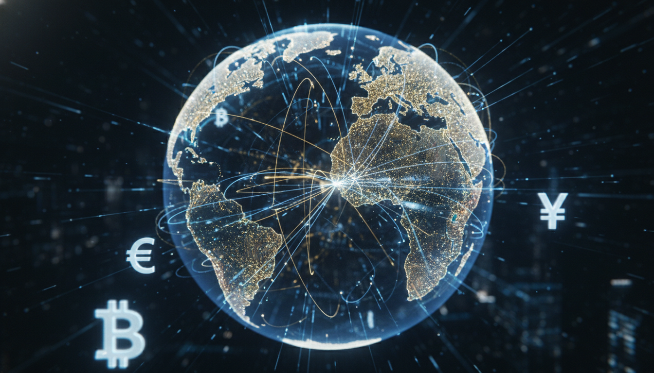 A photorealistic 3D rendering of a digital earth globe connected by glowing fiber optic lines representing global financial networks, with various currency symbols like Dollar, Euro, and Yen floating digitally in the foreground, cinematic lighting, high resolution, 8k.