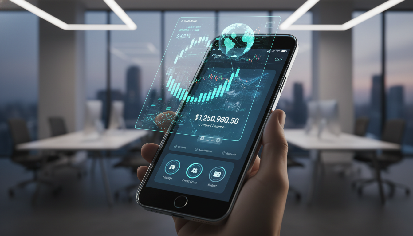 A photorealistic close-up of a futuristic smartphone banking application interface displaying a highly detailed, personalized financial dashboard with holographic data visualizations floating above the screen, set against a blurred professional office background, cinematic lighting