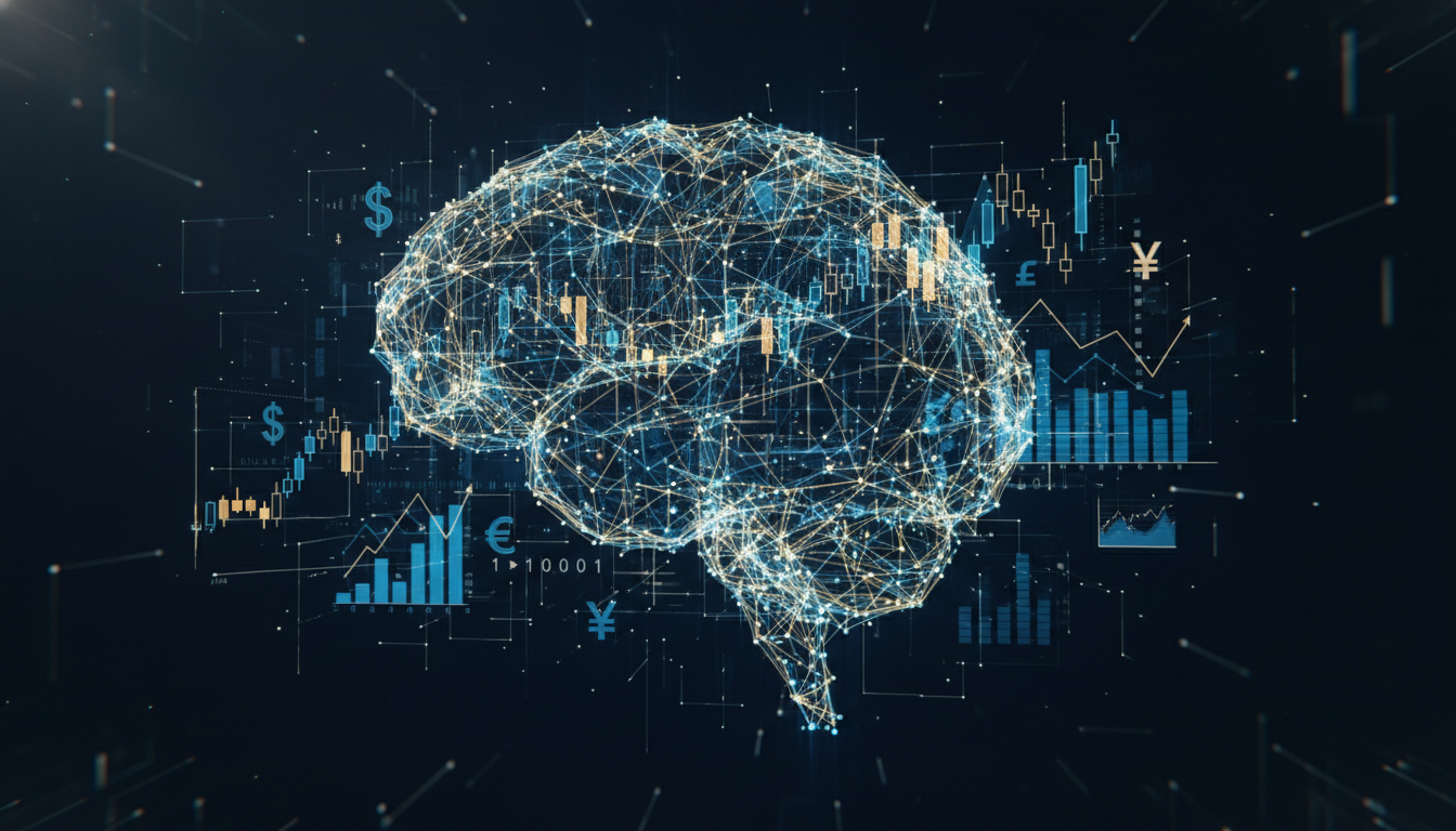 A futuristic, photorealistic digital visualization of an abstract AI brain structure seamlessly connected to glowing financial charts, stock market graphs, and currency symbols floating in a secure digital void, utilizing a deep blue and gold color palette, cinematic lighting, 8k resolution