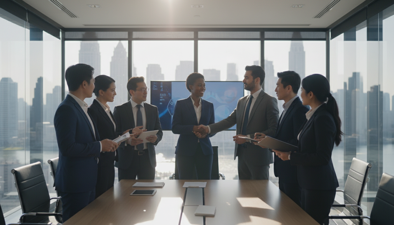A photorealistic image of a diverse group of business professionals in formal attire engaging in a serious discussion inside a modern, sunlit glass conference room, symbolizing professional networking and the exchange of social capital. The focus is on a handshake between two individuals with a cityscape in the background.
