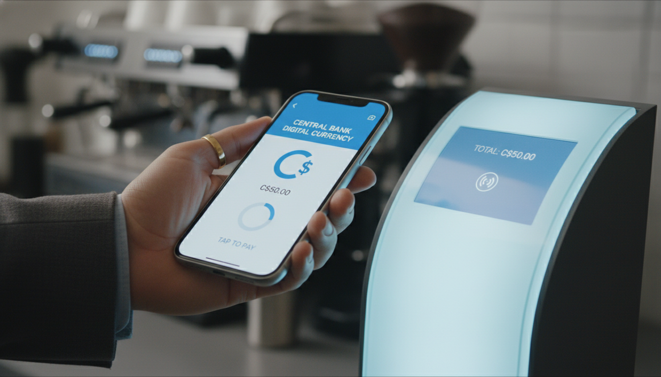 A close-up, photorealistic shot of a professional hand holding a modern smartphone displaying a sleek CBDC digital wallet interface, making a contactless payment at a high-end futuristic coffee shop terminal, depth of field focusing on the screen, soft lighting.
