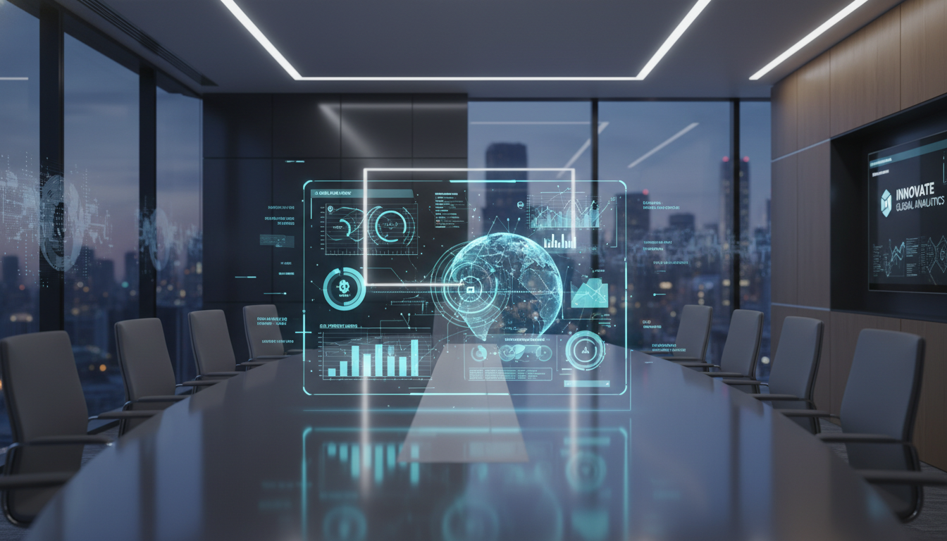 A photorealistic corporate boardroom setting featuring a sophisticated holographic AI interface projecting complex 3D financial data and risk analysis models to invisible executives, emphasizing a high-tech, clean, professional atmosphere, depth of field, sharp focus