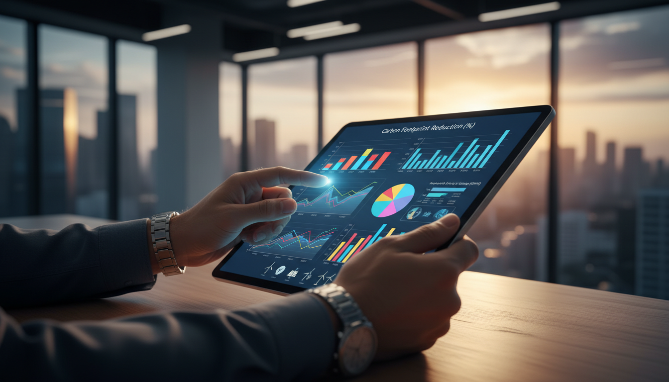 A close-up, professional shot of a financial analyst's hand pointing at a digital dashboard on a tablet, displaying detailed charts of carbon footprint reduction and renewable energy usage statistics, set in a modern high-rise office, cinematic lighting, hyper-realistic.