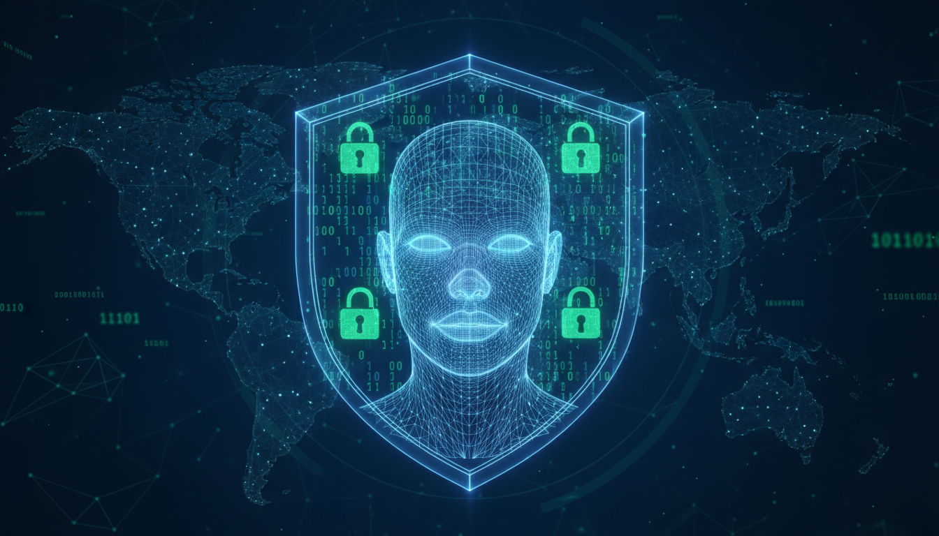 An abstract, photorealistic concept art representing digital security. A glowing, wireframe 3D model of a human face is enclosed within a translucent, digital shield made of binary code and padlock symbols. The background is a dark deep-blue cyberspace environment, symbolizing encryption and data protection.