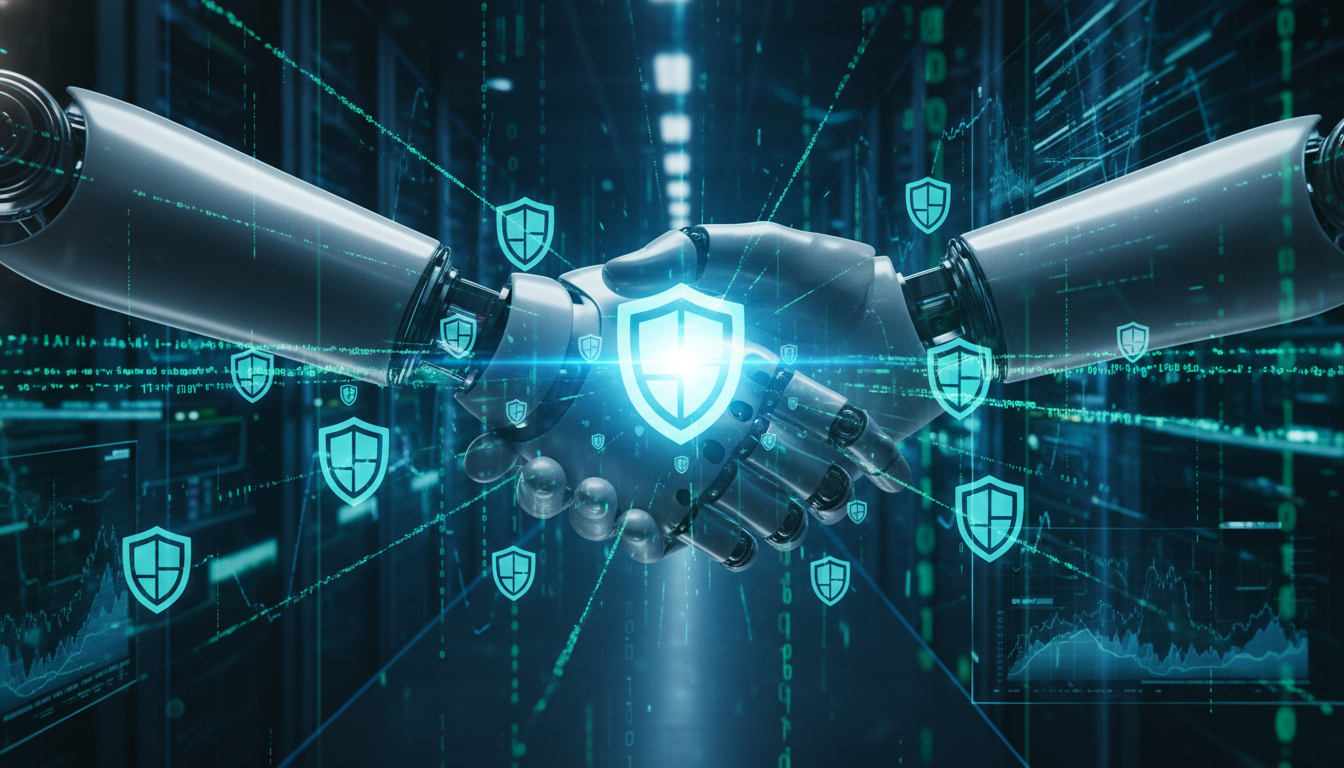 A conceptual image depicting a secure digital handshake between two robotic arms and a human hand, surrounded by shield icons and binary code, symbolizing the secure and transparent partnership between technology and human finance, cinematic lighting, 8k resolution.