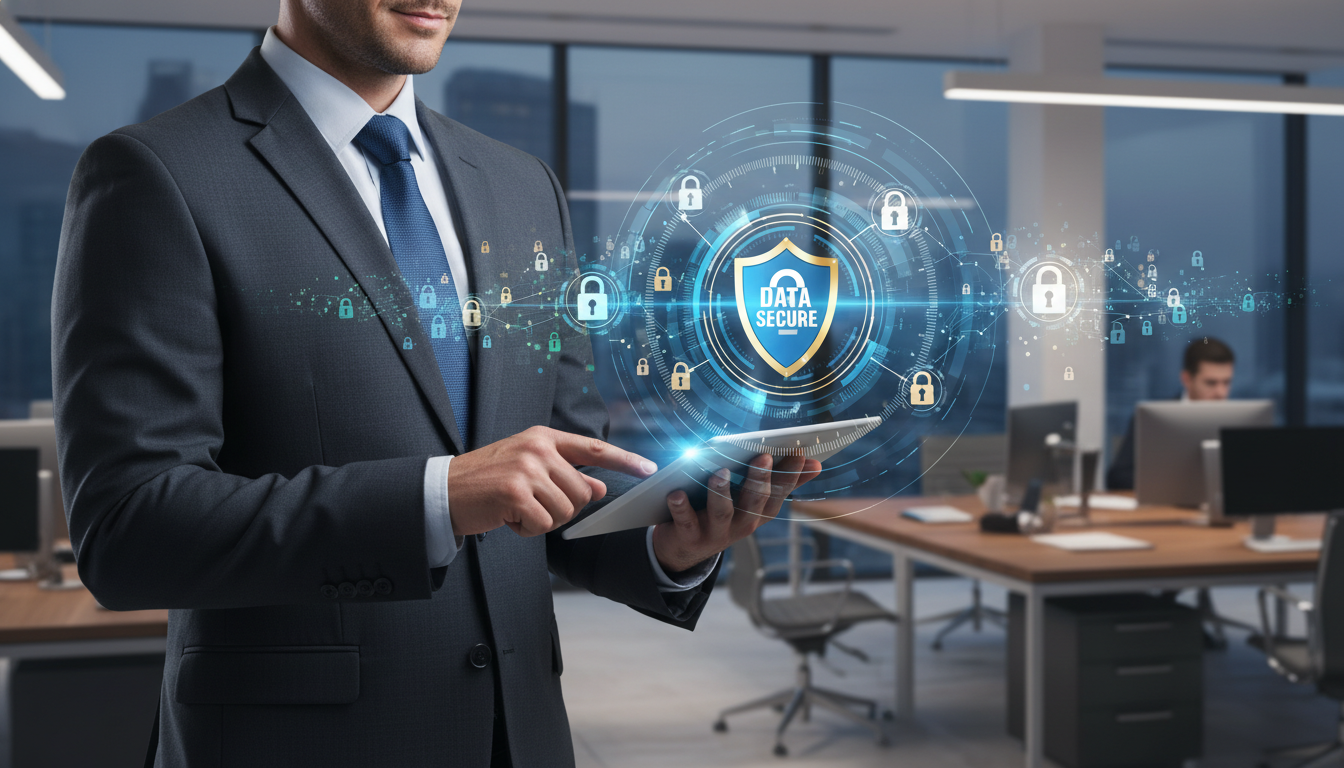 A photorealistic image of a business professional in a suit looking confidently at a tablet screen displaying a 'Data Secure' shield icon, surrounded by digital lock graphics, emphasizing trust and cybersecurity in a modern corporate banking setting