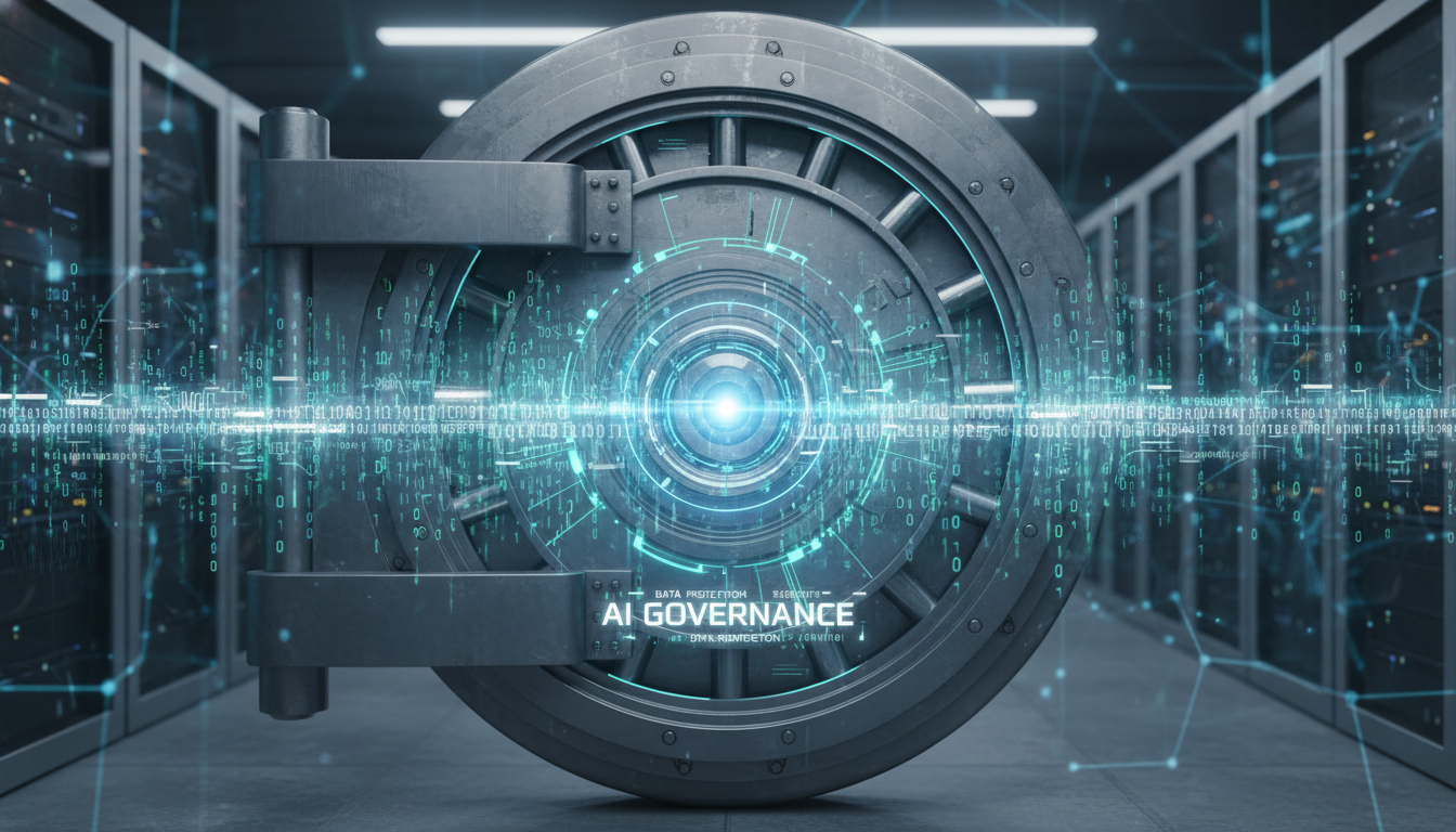 A conceptual photorealistic image of a heavy, metallic digital bank vault door closing, with glowing digital lock mechanisms and binary code flowing across the surface, symbolizing security, data protection, and AI governance in finance, metallic textures, 4k
