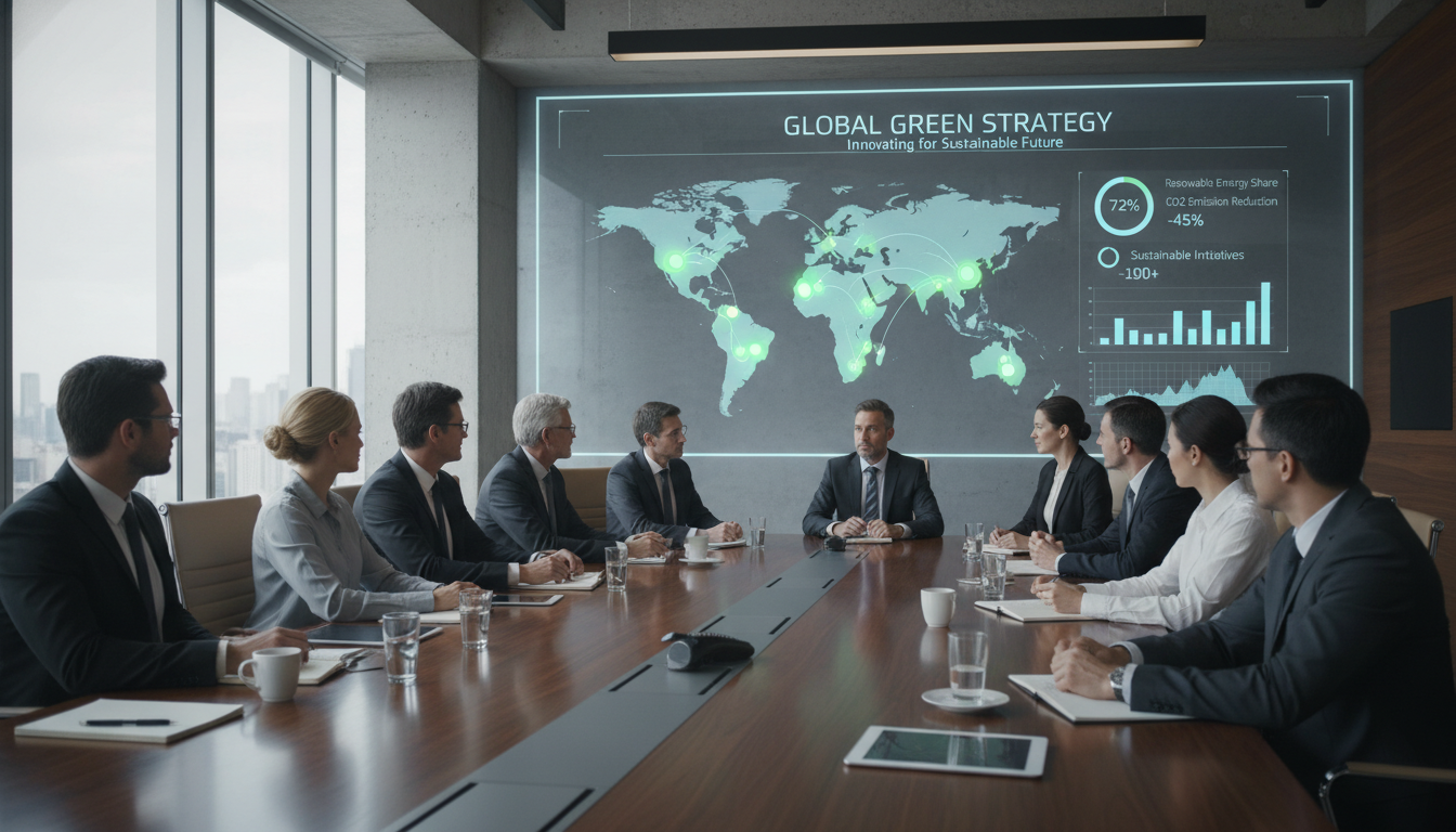 A wide-angle view of a modern corporate boardroom with a diverse group of executives looking at a large presentation screen showing a global map with green energy hotspots and sustainability metrics, symbolizing strategic global planning, photorealistic, professional atmosphere.